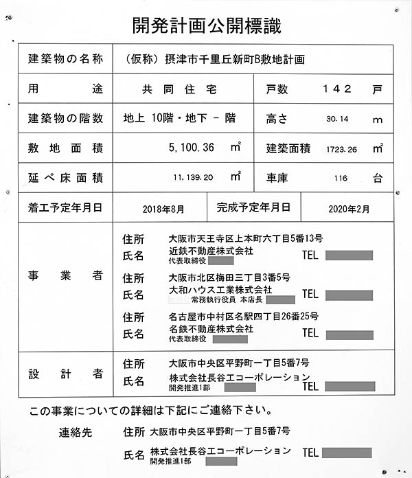 (仮称)摂津市千里丘新町B敷地計画の開発計画公開標識