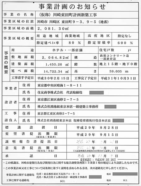 (仮称)川崎東田町計画新築工事の建築計画のお知らせ