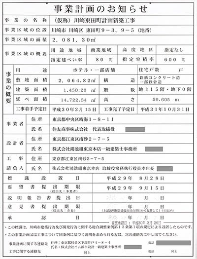 (仮称)川崎東田町計画新築工事の建築計画のお知らせ