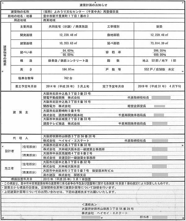 シエリアタワー千里中央の建築計画のお知らせ