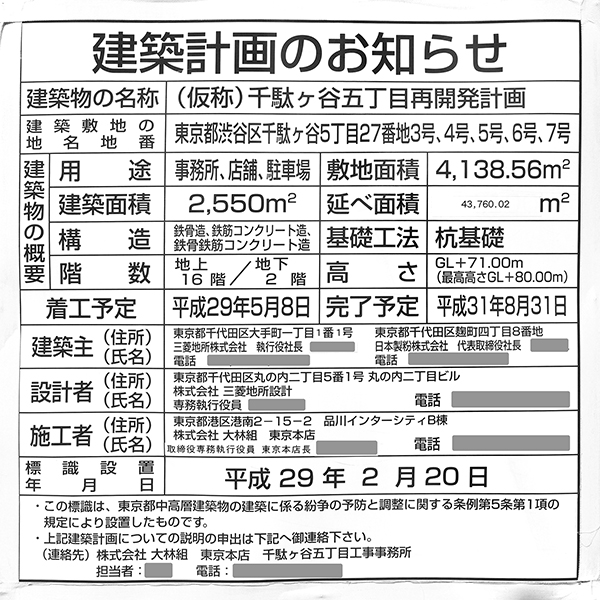 (仮称)新宿南口プロジェクト、(仮称)千駄ヶ谷五丁目再開発計画の建築計画のお知らせ