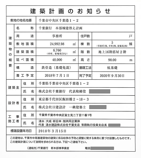 千葉銀行 本部棟建替え計画の建築計画のお知らせ