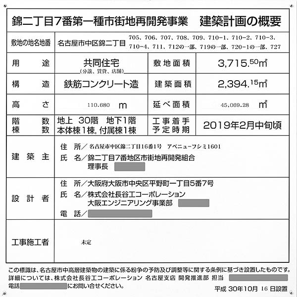 錦二丁目7番第一種市街地再開発事業の建築計画のお知らせ