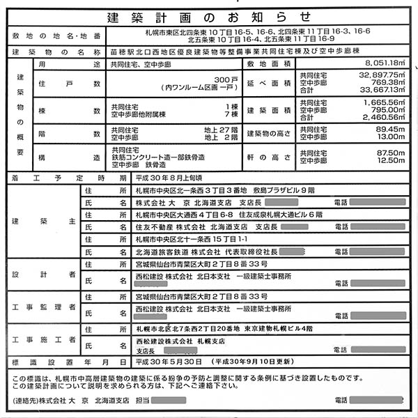 ザ・グランアルト札幌 苗穂ステーションタワーの建築計画のお知らせ