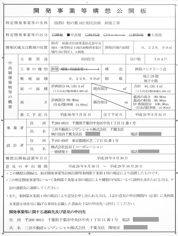 (仮称)柏の葉162街区計画新築工事の建築計画のお知らせ