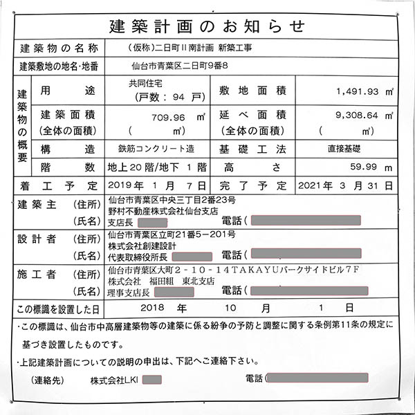 (仮称)二日町Ⅱ南計画の建築計画のお知らせ