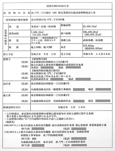 虎ノ門二丁目地区(再)特定業務代行施設建築物建設工事の建築計画のお知らせ