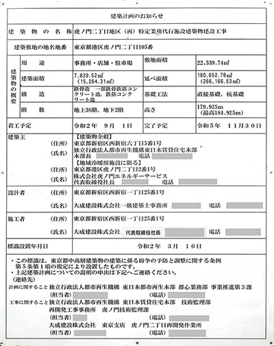 虎ノ門二丁目地区(再)特定業務代行施設建築物建設工事の建築計画のお知らせ