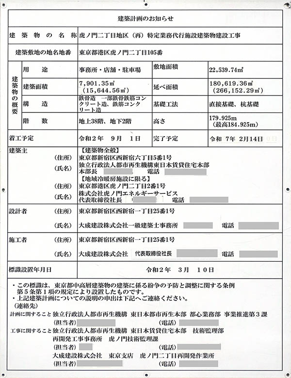 虎ノ門二丁目地区第一種市街地再開発事業（業務棟）の建築計画のお知らせ