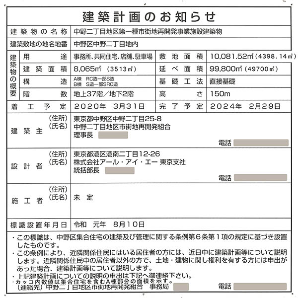 中野二丁目地区第一種市街地再開発事業の建築計画のお知らせ