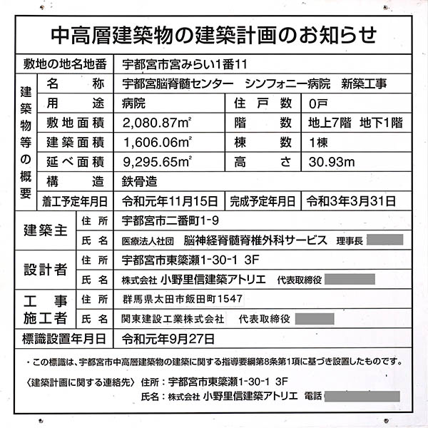 宇都宮脳脊髄センター シンフォニー病院の建築計画のお知らせ