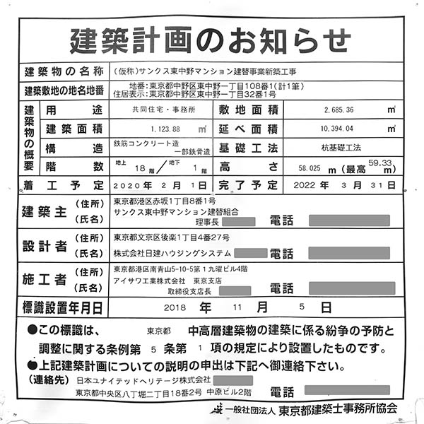 (仮称)サンクス東中野マンション建替事業新築工事の建築計画のお知らせ