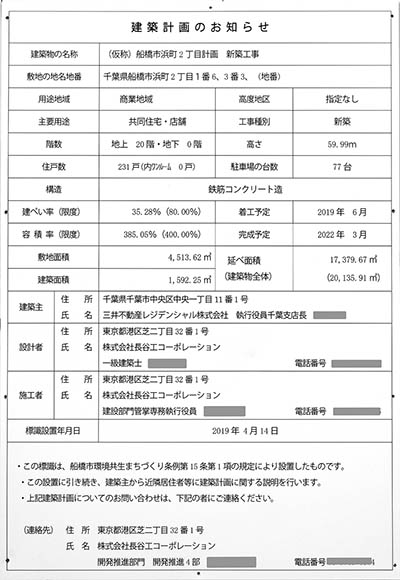 (仮称)船橋市浜町2丁目計画 新築工事の建築計画のお知らせ