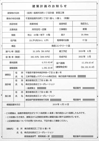 パークホームズLaLa南船橋ステーションプレミアの建築計画のお知らせ