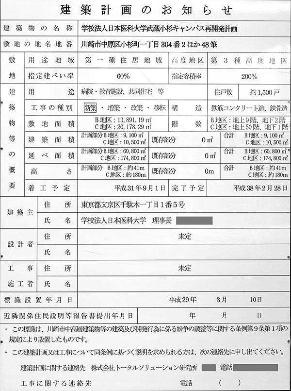 学校法人日本医科大学武蔵小杉キャンパス再開発計画の建築計画のお知らせ