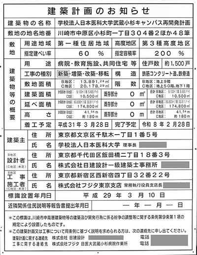 学校法人日本医科大学武蔵小杉キャンパス再開発計画の建築計画のお知らせ