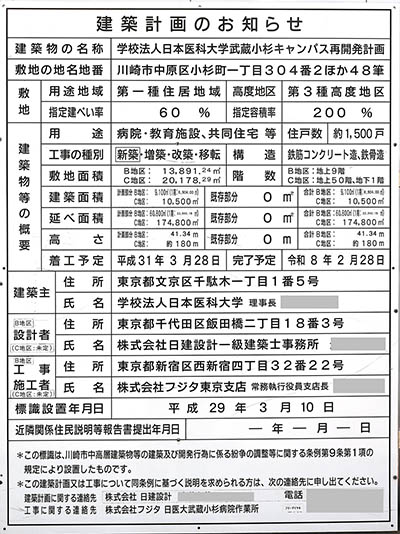 学校法人日本医科大学武蔵小杉キャンパス再開発計画の建築計画のお知らせ