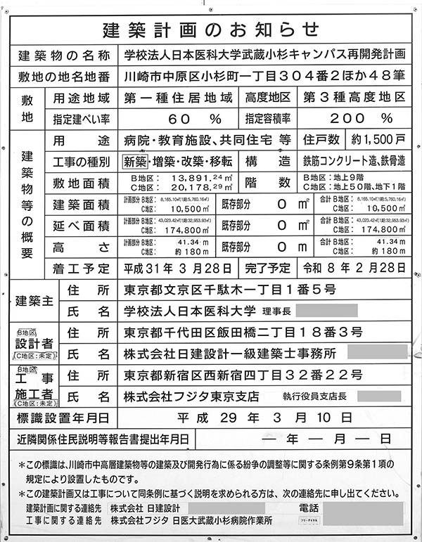 学校法人日本医科大学武蔵小杉キャンパス再開発計画の建築計画のお知らせ