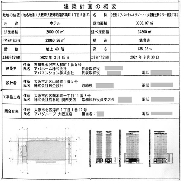 (仮称)アパホテル&リゾート〈大阪難波駅タワー〉の建築計画のお知らせ