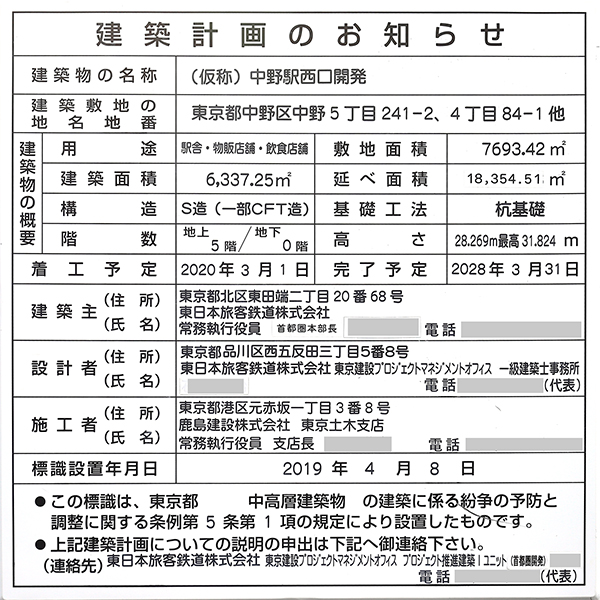 中野駅ビルの建築計画のお知らせ