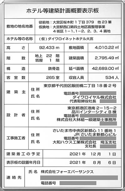 大宮区桜木町複合施設ビル新築計画（(仮)ダイワロイネットホテル大宮）の建築計画のお知らせ