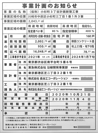 (仮称)小杉町3丁目計画新築工事の事業計画のお知らせ