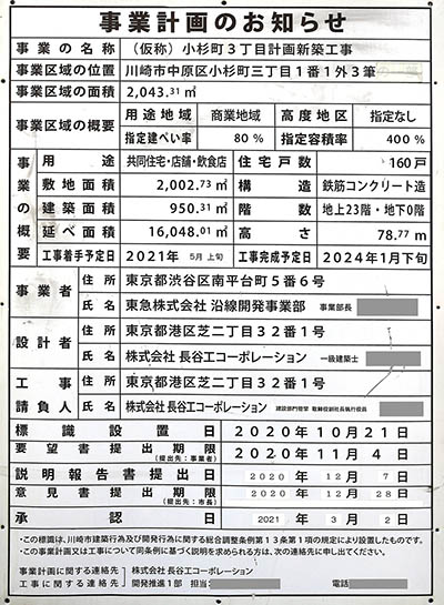 ドレッセタワー武蔵小杉の建築計画のお知らせ