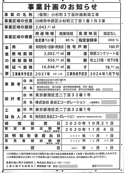 ドレッセタワー武蔵小杉の事業計画のお知らせ