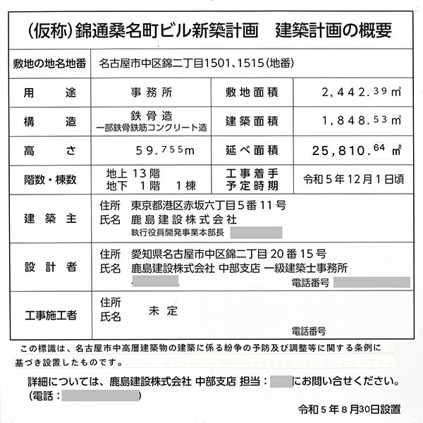 (仮称)錦通桑名町ビル新築計画の建築計画のお知らせ