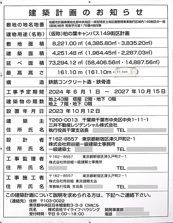 (仮称)柏の葉キャンパス149街区計画の建築計画のお知らせ